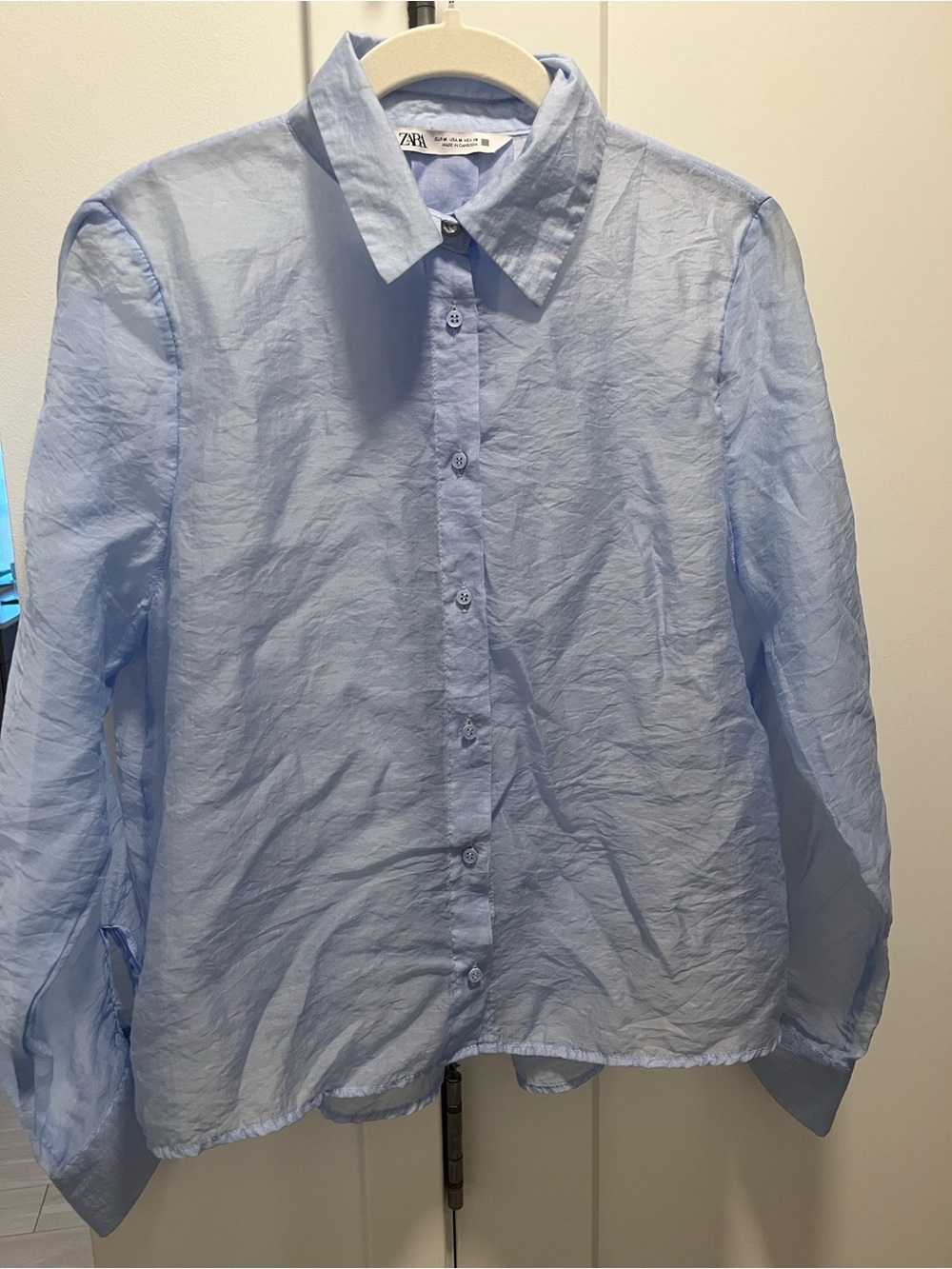 Zara Light Blue Satin Effect Blouse Ruffle Cuff Detail